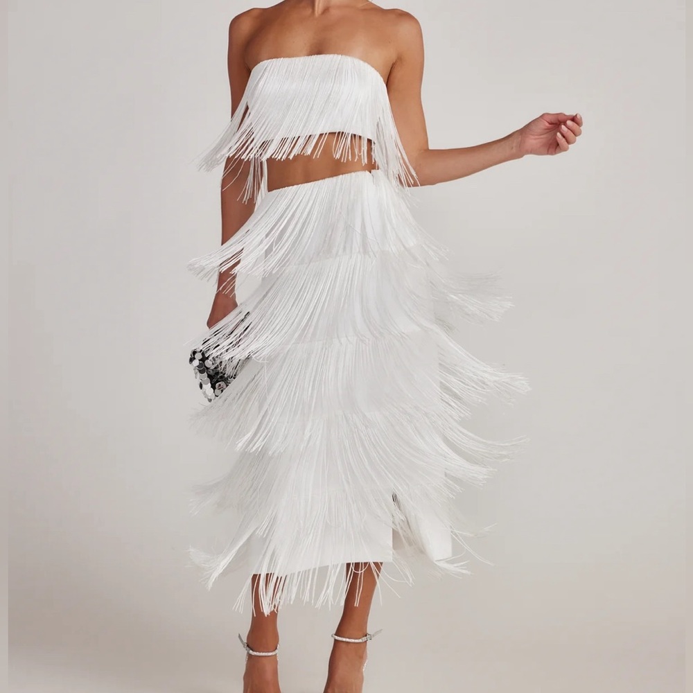 12th Tribe Gatsby White Fringe Strapless Top & Midi Skirt Set